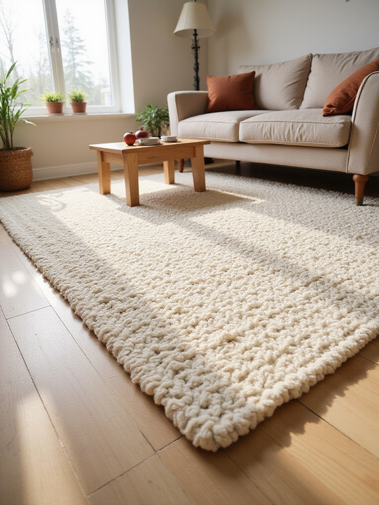 Cozy living room with a cream-colored chunky knit rug for underfoot softness.