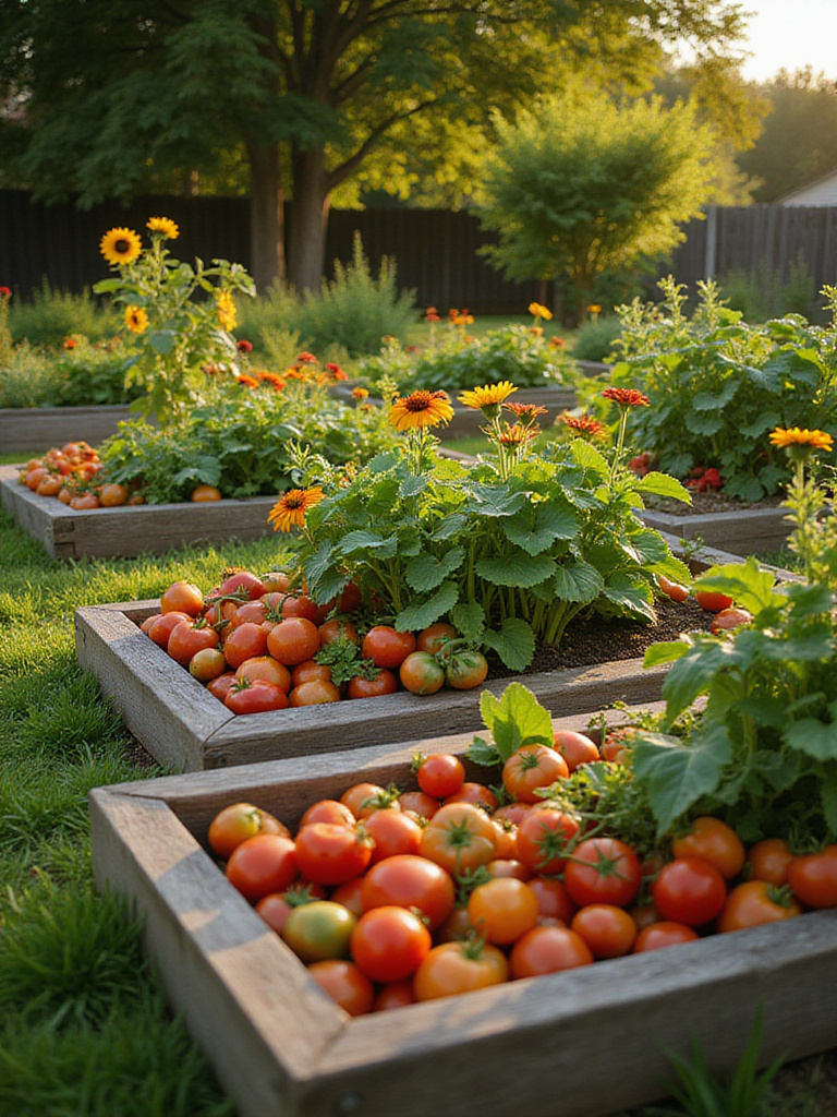 Thriving vegetable and flower garden in a backyard setting.