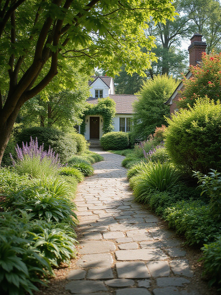 Charming flagstone pathway winding through a lush garden
