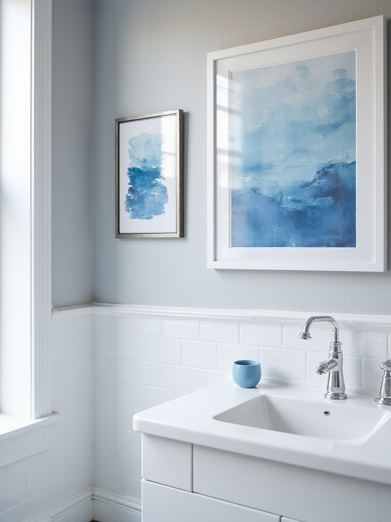 Bathroom with blue watercolor prints and abstract art on wall