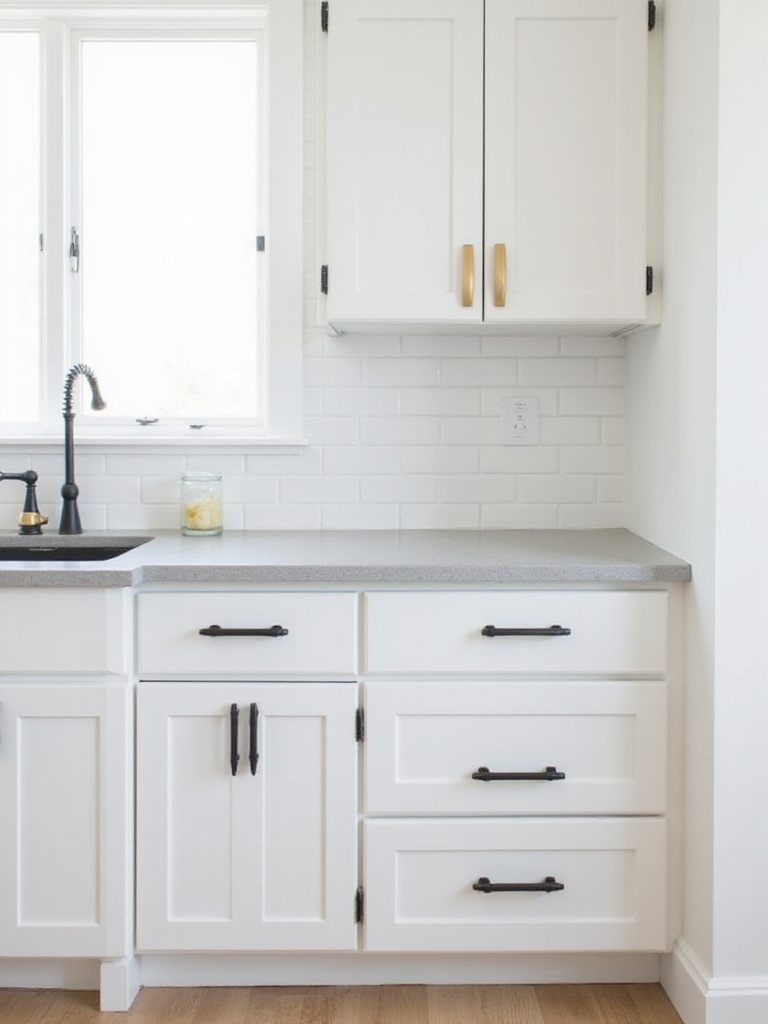 Modern kitchen with white cabinets and updated metallic hardware: brushed brass knobs and matte black pulls.