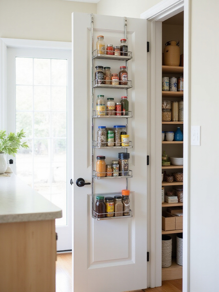 Over-the-door pantry organizer filled with spices and cans for extra kitchen storage