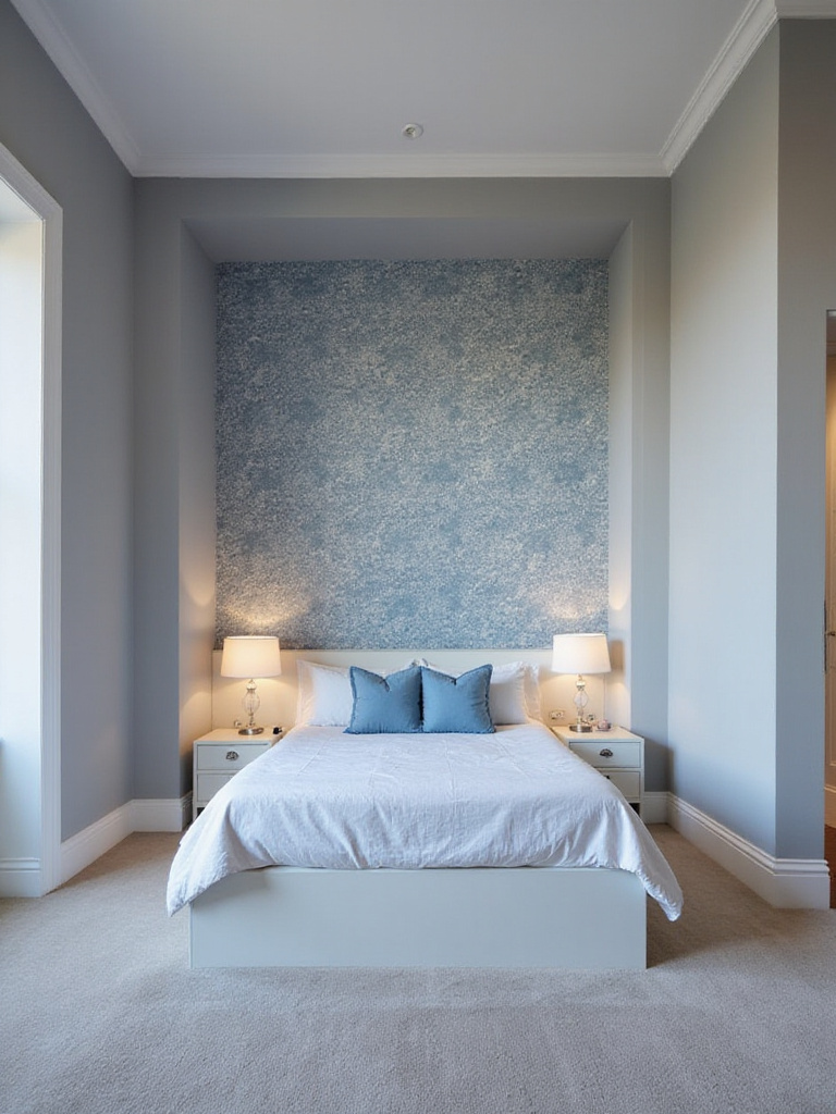 Bedroom alcove with wallpaper accent, highlighting architectural feature