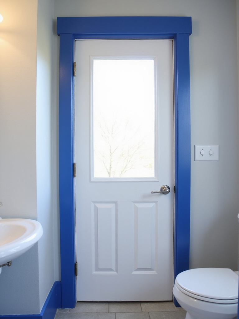 Bathroom with light gray walls and royal blue trim and door frames.