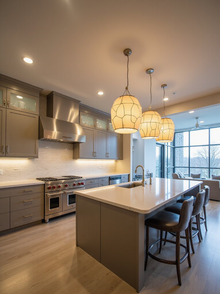 Modern kitchen with statement pendant lighting above island