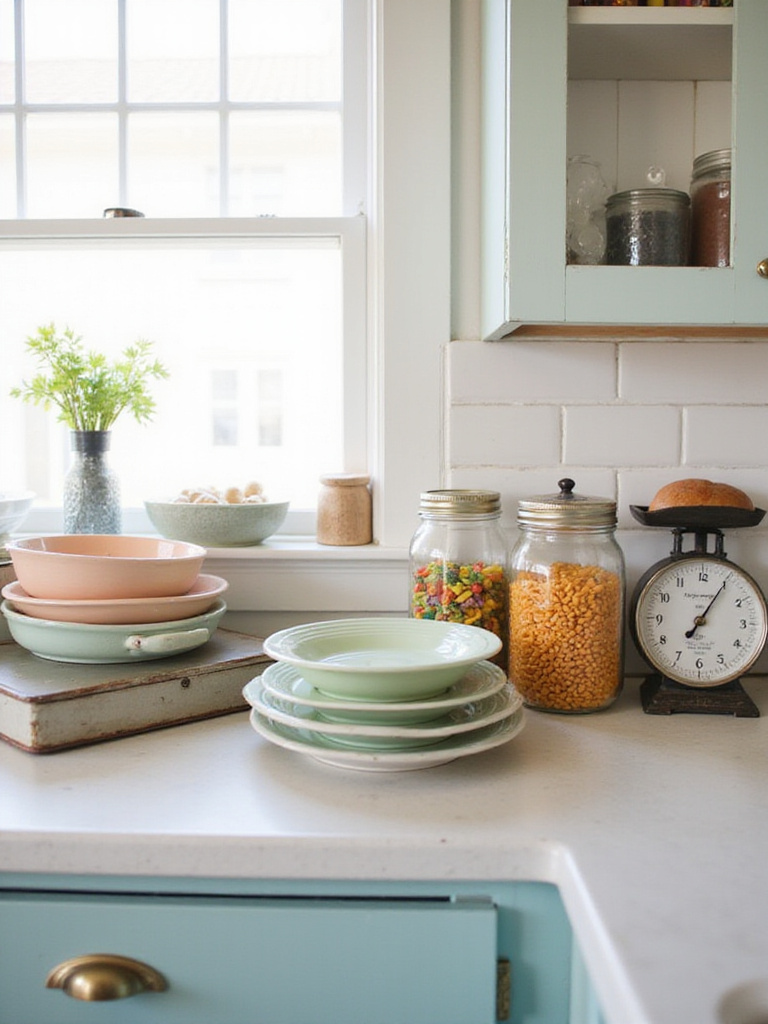 Vintage kitchen decor found at second-hand shops on a kitchen countertop.