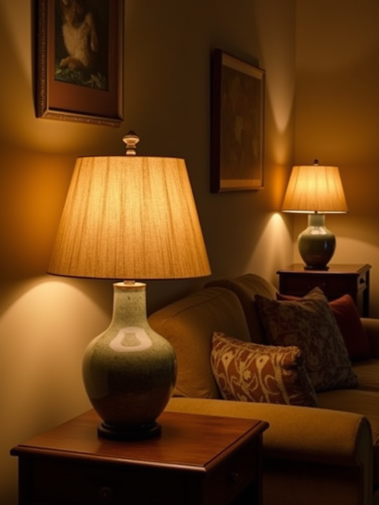 Cozy living room illuminated by warm light from stylish table lamps.