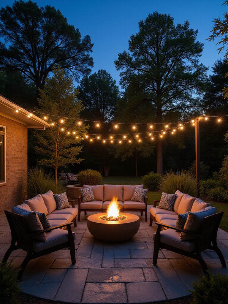 Backyard patio with string lights and uplighting creating a warm and inviting ambiance.