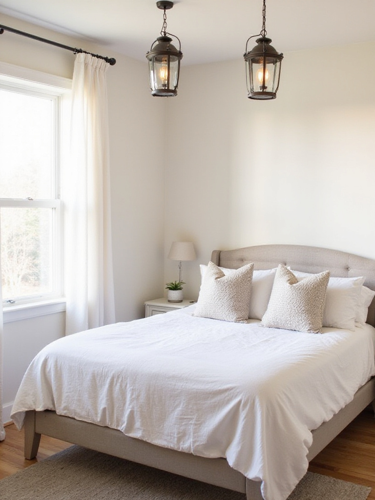 Farmhouse bedroom with lantern-style pendant lights flanking the bed.