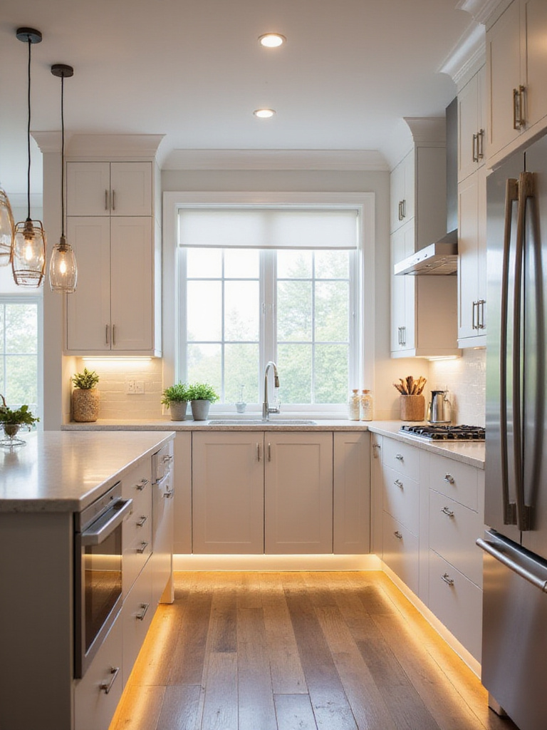 Budget-friendly kitchen lighting ideas with LED strip lights and pendant light.