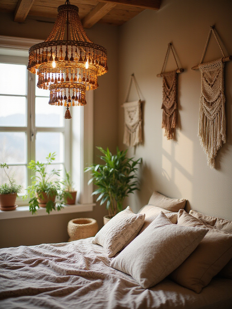Boho bedroom with a beaded chandelier