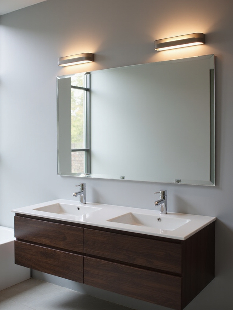 Modern bathroom with wall sconces flanking a mirror