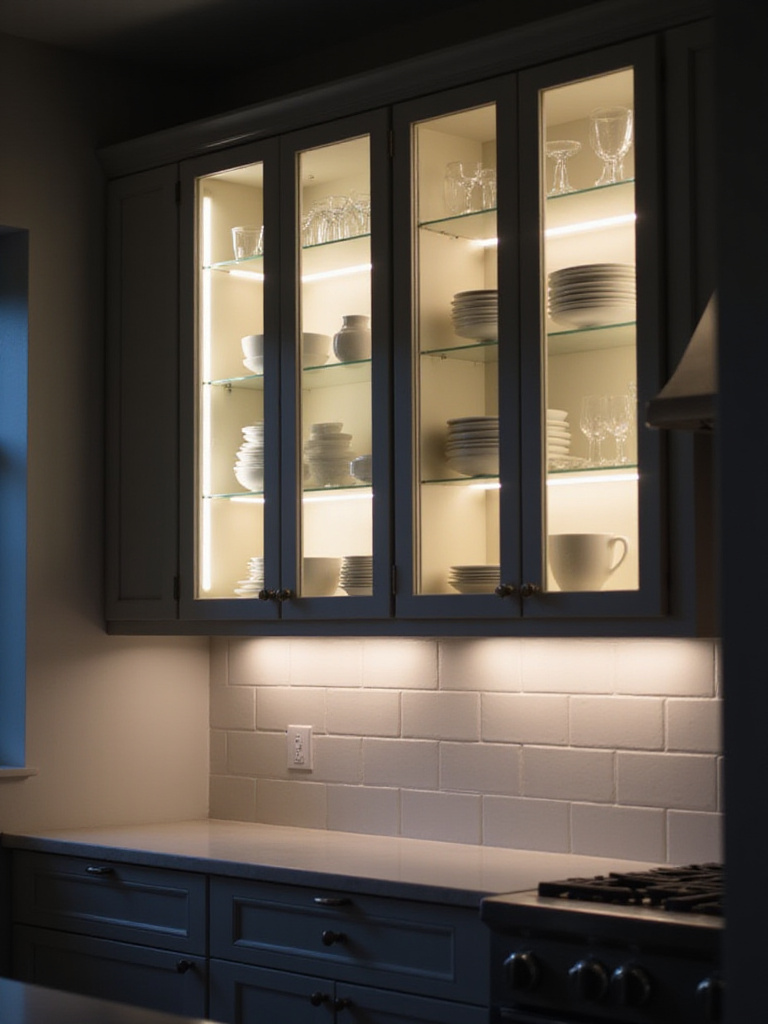 Modern kitchen with glass-front upper cabinets illuminated by warm white LED lighting, showcasing dishes and glassware.