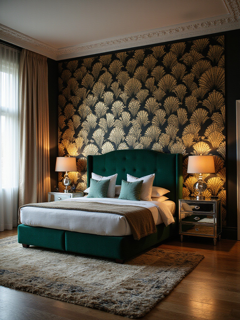 Art Deco bedroom wallpaper with geometric fan pattern in gold and black