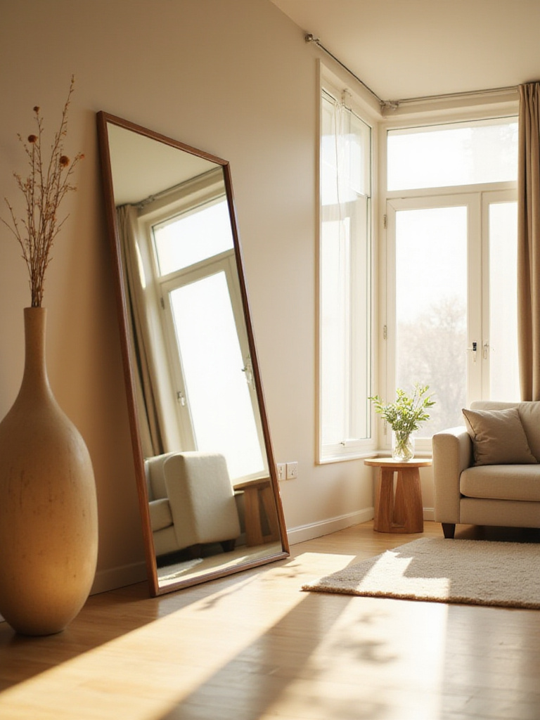 Modern apartment living room with floor-length mirror enhancing light and space.