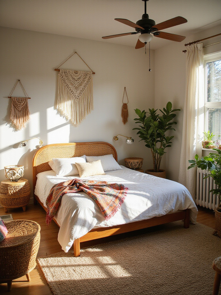 Boho bedroom featuring cane headboard and wicker furniture accents.