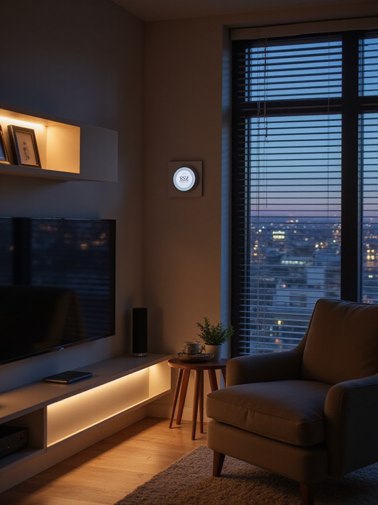 Modern apartment living room with integrated smart home technology.