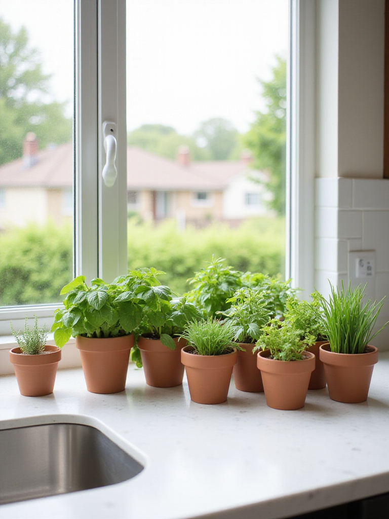 Indoor herb garden on a kitchen windowsill