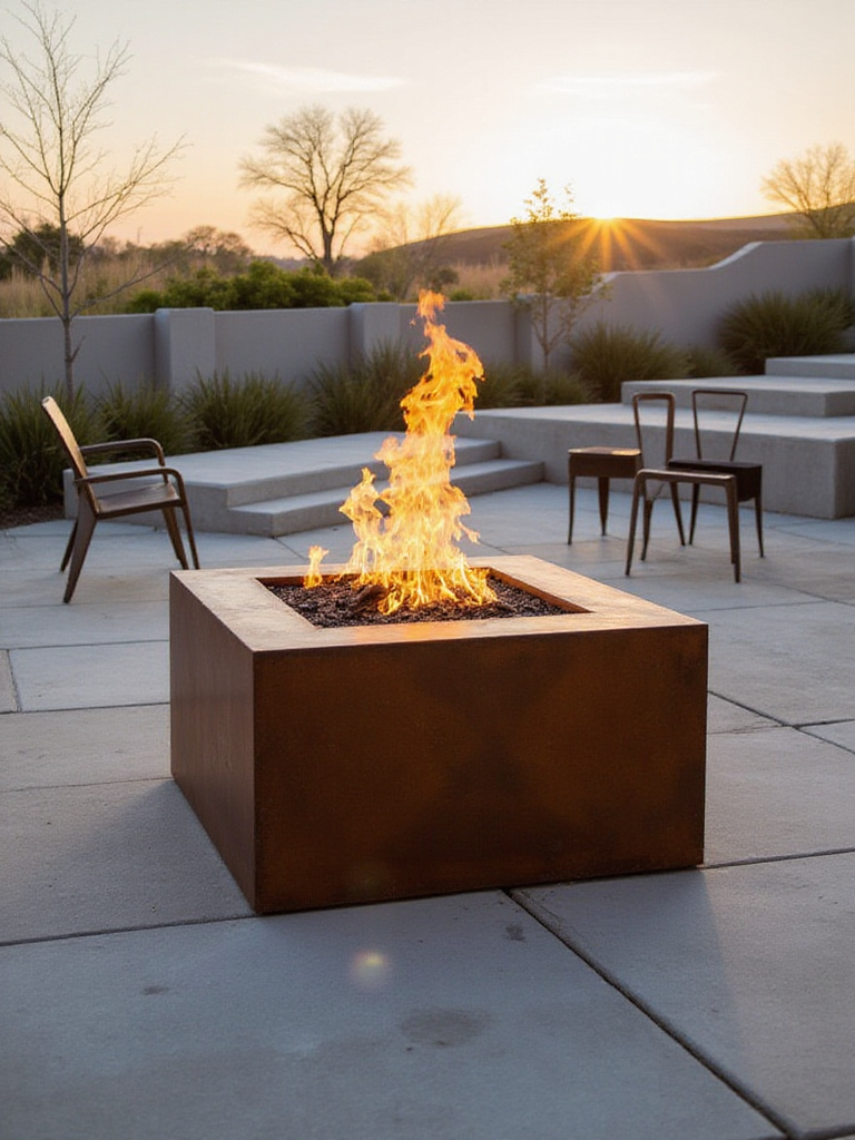 Industrial Corten steel trough fire pit on a modern concrete patio during golden hour, creating a bold backyard statement.