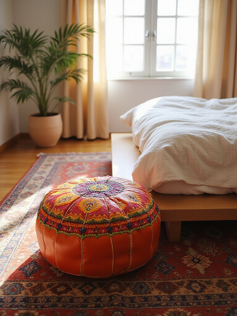Colorful Moroccan leather pouf ottoman in a boho bedroom.