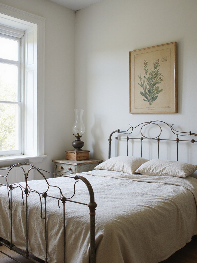 Farmhouse bedroom featuring a vintage quilt and antique oil lamp