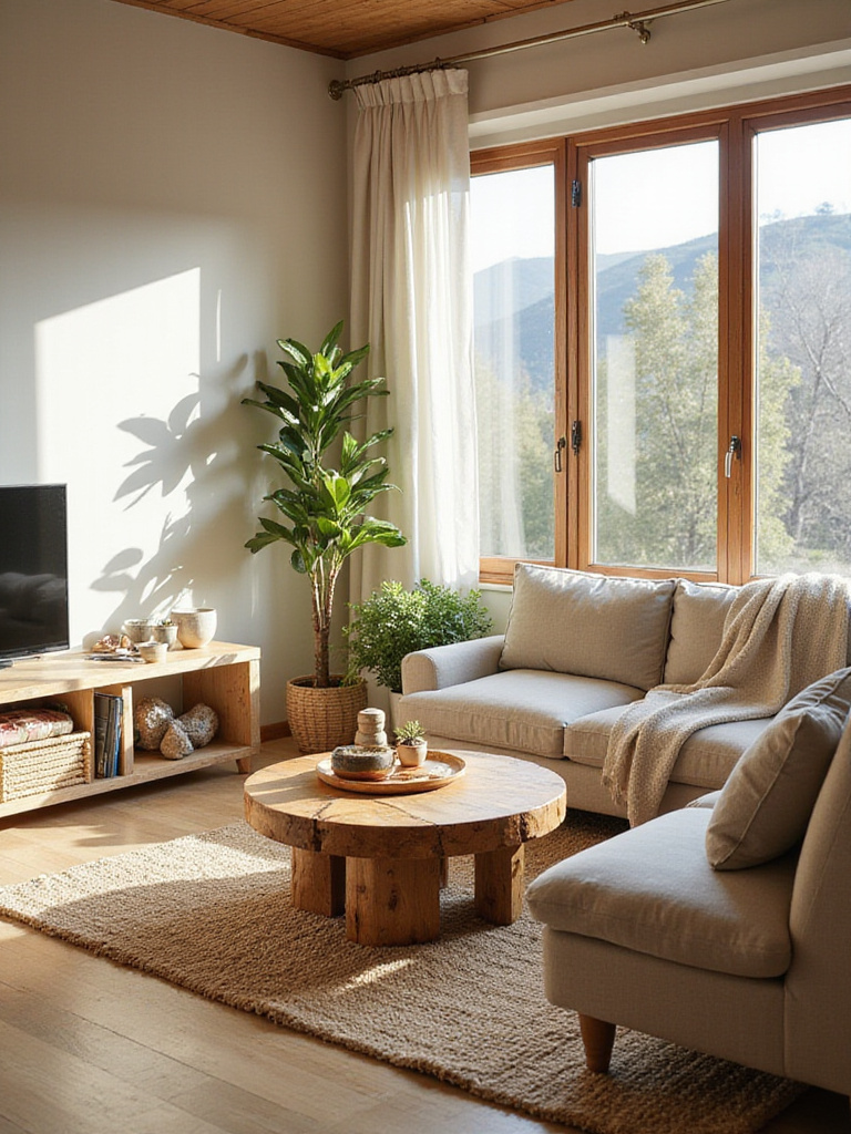 Apartment living room featuring natural elements like wood, stone, and organic textures for a calming atmosphere.
