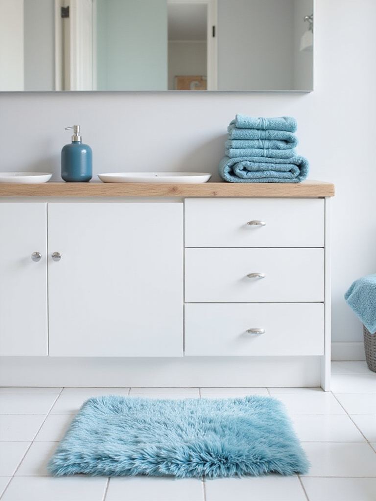 Blue bathroom accessories including plush towels, bath rug, and soap dispenser on a white vanity.