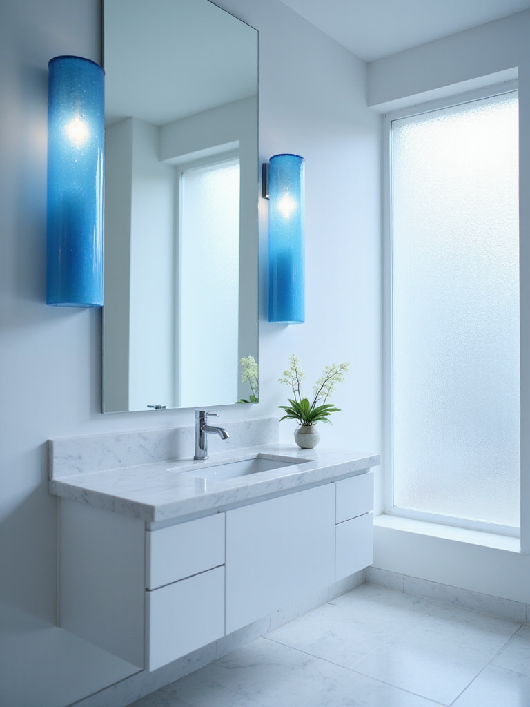Bathroom vanity with blue tinted glass sconces providing soft lighting