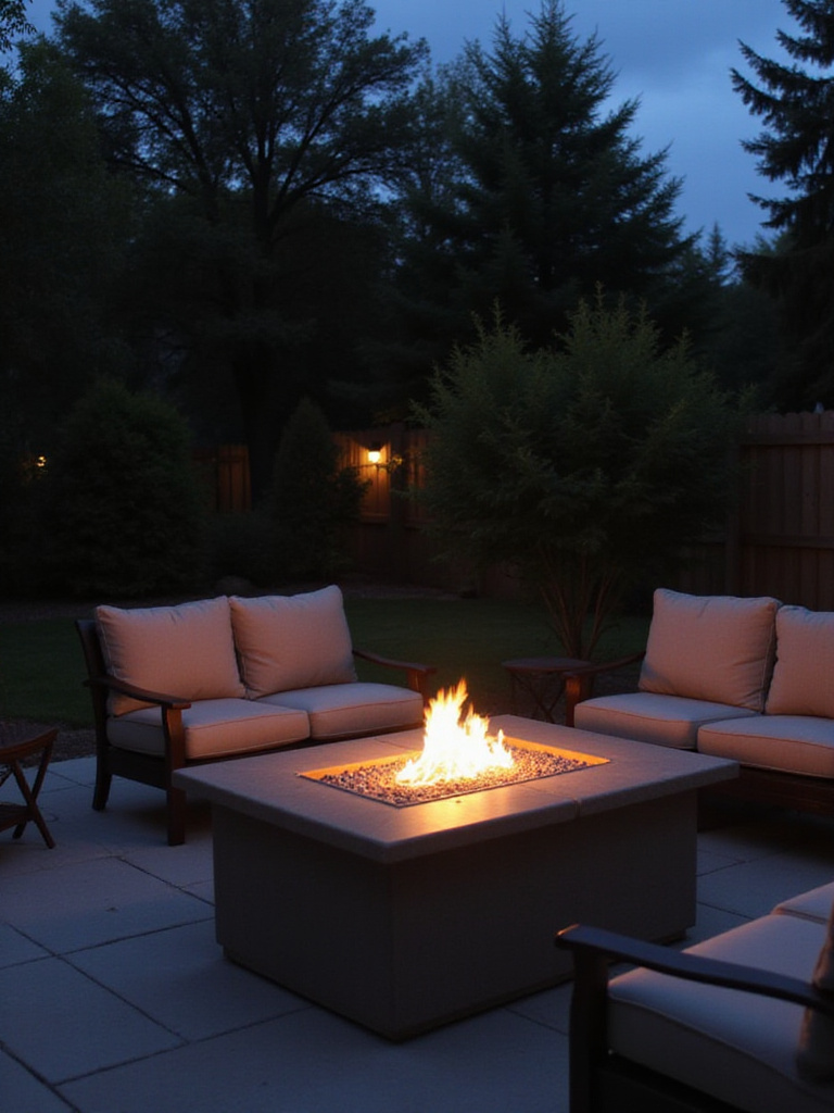 Modern backyard patio with a lit gas fire pit centerpiece surrounded by comfortable outdoor seating at dusk, creating a cozy ambiance.