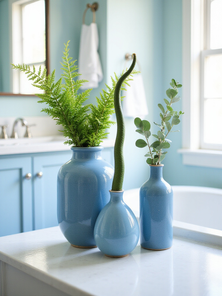 Blue ceramic vases with green plants on a bathroom vanity