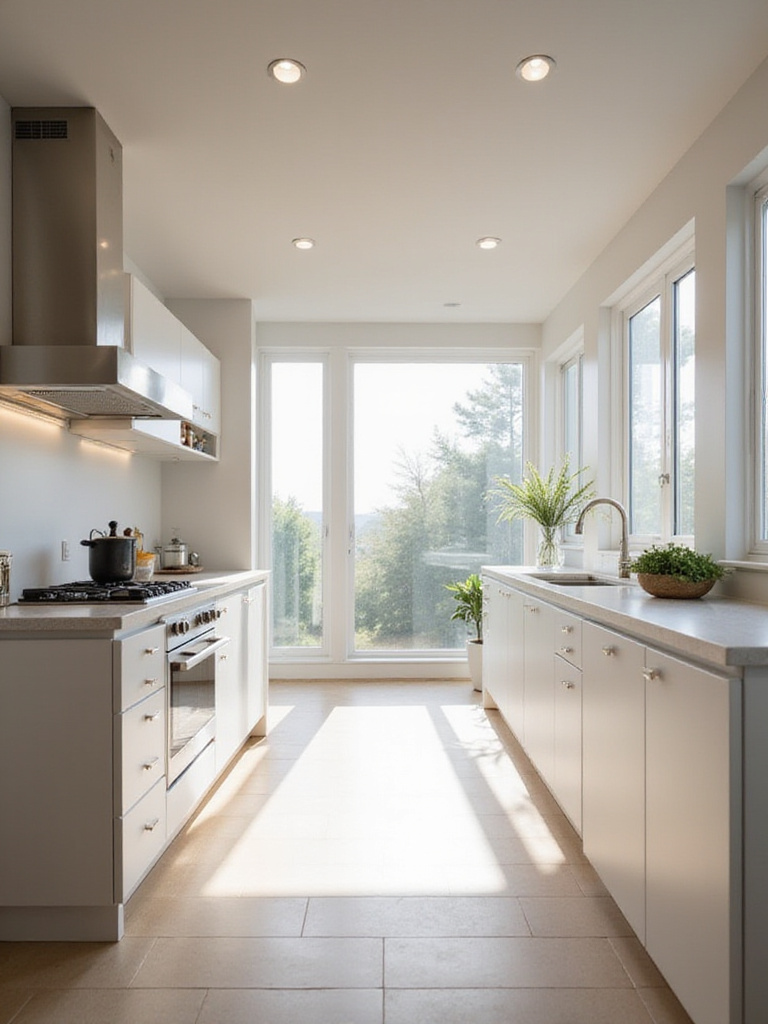 Bright and modern kitchen with energy-efficient LED lighting and stainless steel appliances.