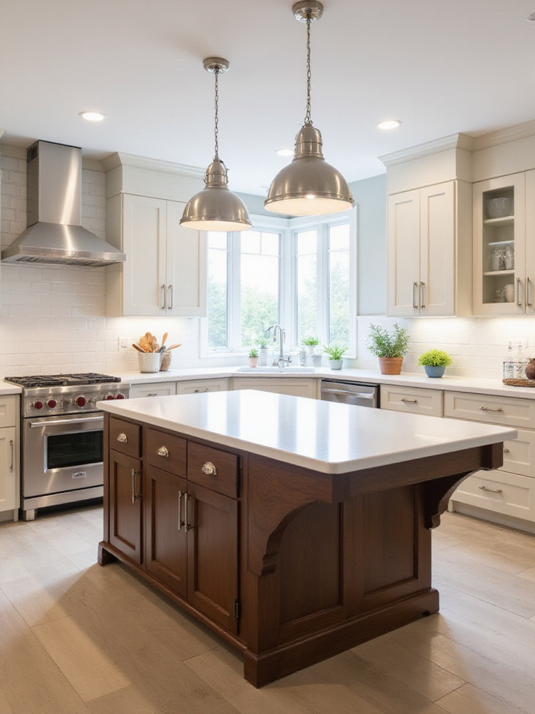 Modern kitchen with a large dark wood island and white quartz countertop
