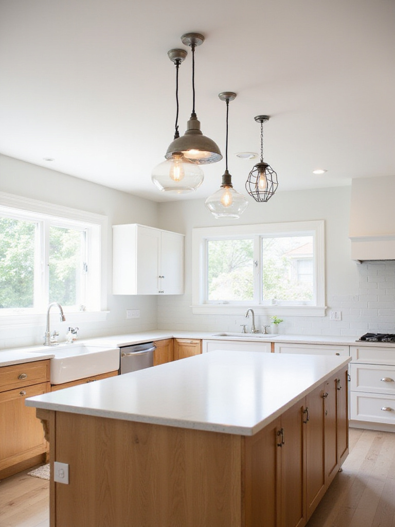 Farmhouse kitchen with a cluster of pendant lights above the island, featuring varying heights and styles including glass, metal, and cage pendants.