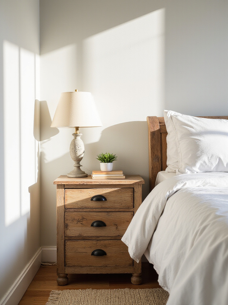 Rustic wooden nightstand with vintage lamp and books in a farmhouse bedroom.