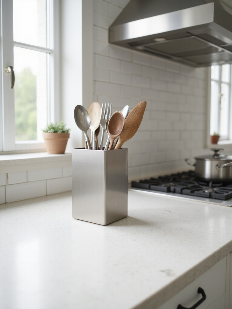 Stylish stainless steel utensil holder with cooking tools on a kitchen countertop
