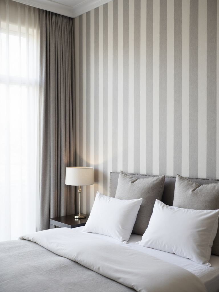 Elegant bedroom with soft gray and off-white striped wallpaper accent wall