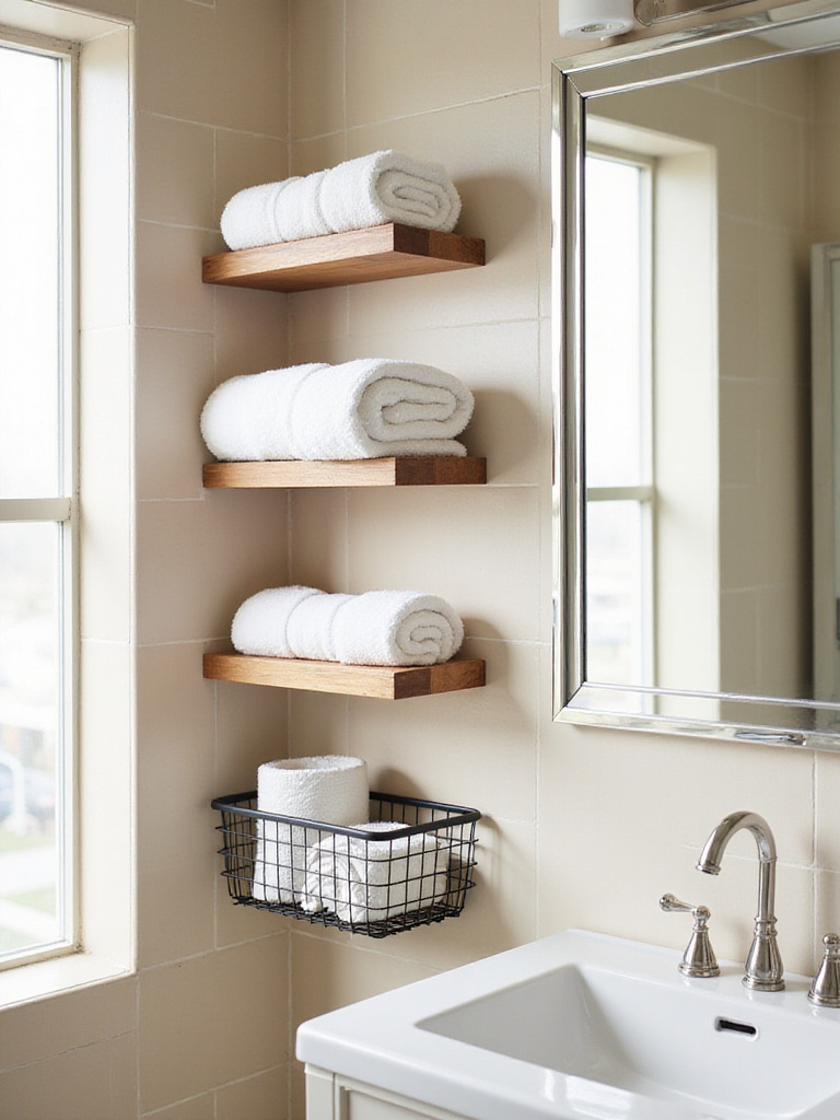 Bathroom wall with stylish organizers: floating shelves, wire basket, and mirrored cabinet.