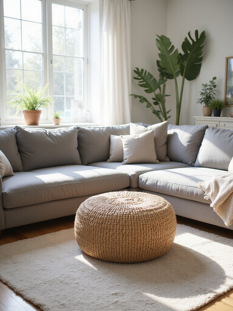 Cozy living room with gray sectional and woven jute pouf for comfortable lounging.