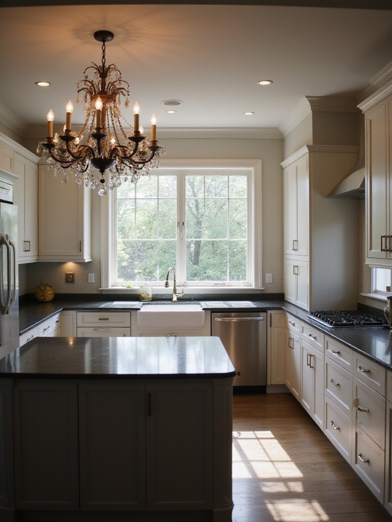 Elegant kitchen with a large island illuminated by a decorative chandelier, light cabinetry, dark countertops, and natural light.