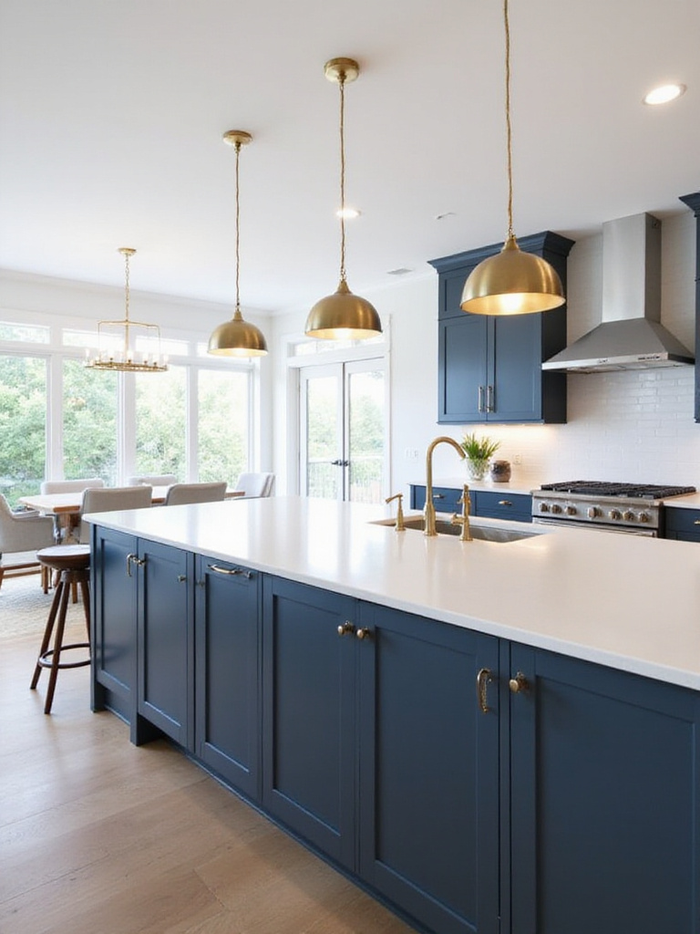 Modern kitchen with a large white and blue kitchen island featuring pendant lighting and bar stools.
