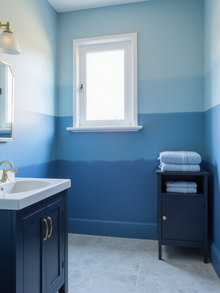 Bathroom with layered blue decor creating depth and dimension.