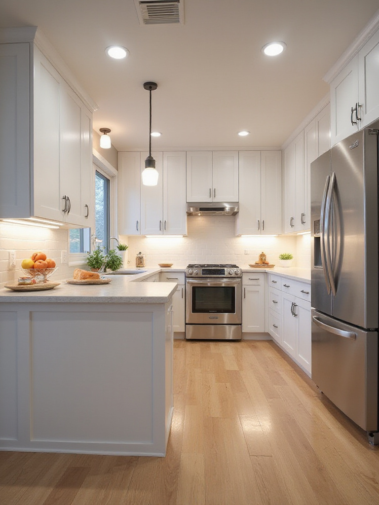 Modern kitchen with layered lighting: recessed lights, under-cabinet LEDs, pendant light over island, and toe-kick lighting.