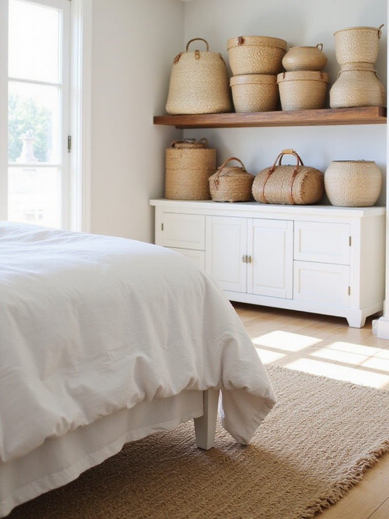 Farmhouse bedroom with jute rug and woven basket storage