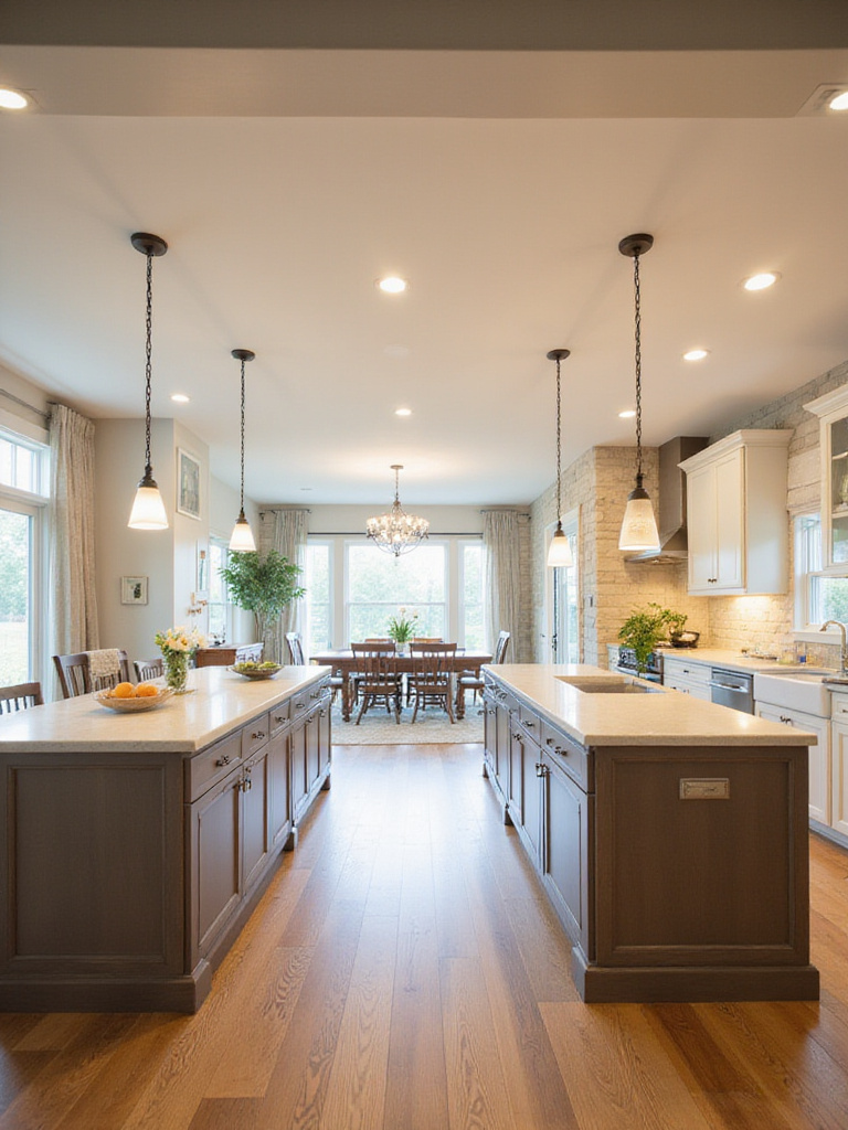 Farmhouse kitchen with layered lighting featuring pendant lights, under-cabinet lighting, recessed lighting, and a chandelier.