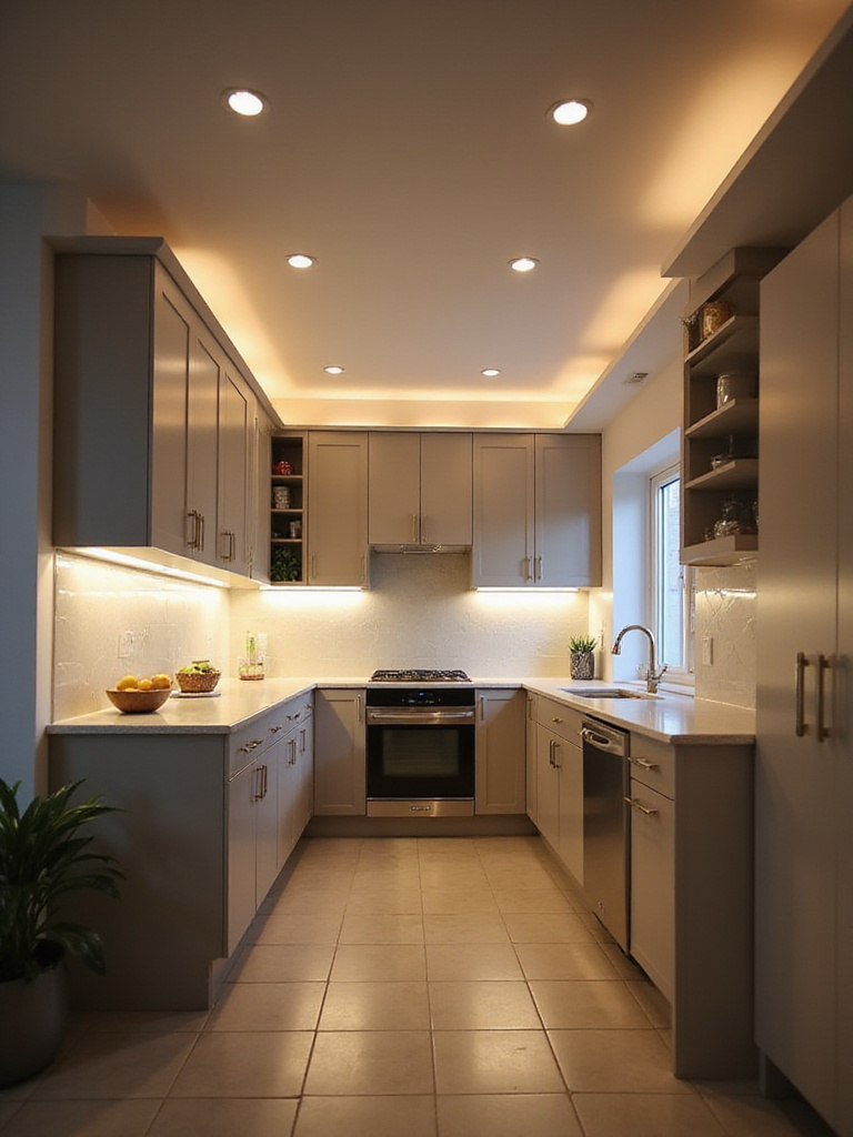 A well-lit modern kitchen demonstrating layered lighting with ambient, task, and accent lights creating a functional and inviting atmosphere.