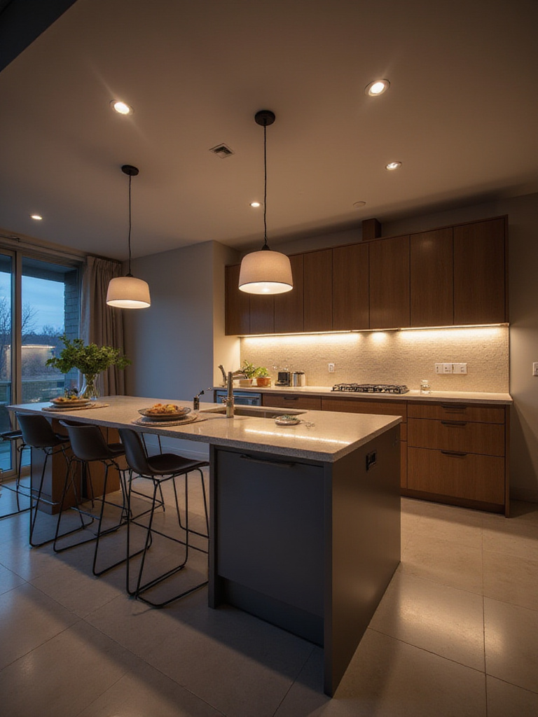 Modern kitchen with layered lighting showcasing recessed, under-cabinet, pendant, and accent lights.