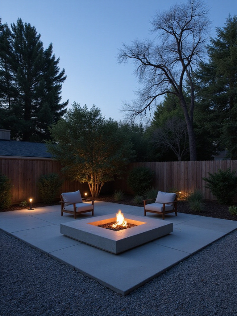 Minimalist backyard patio at dusk with a simple, low concrete fire pit and clean landscaping.