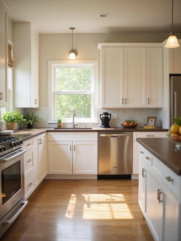 Affordable stainless steel kitchen appliances in a bright, modern kitchen.