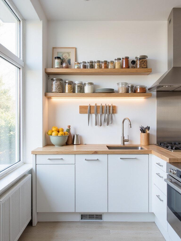 Small apartment kitchen with stylish storage solutions and modern design.