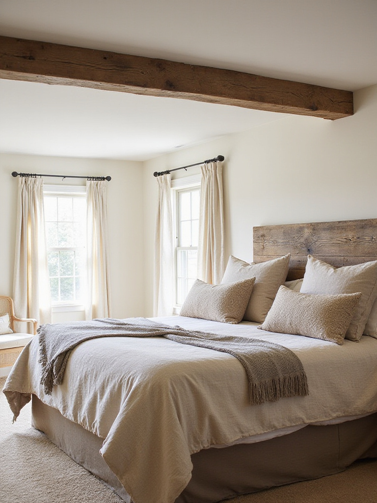 Farmhouse bedroom with reclaimed wood headboard and ceiling beam